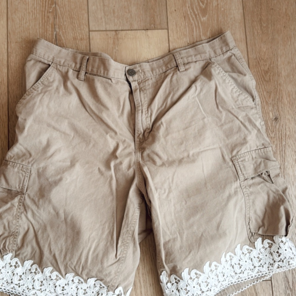 Oversized cargo shorts/ lace detail .